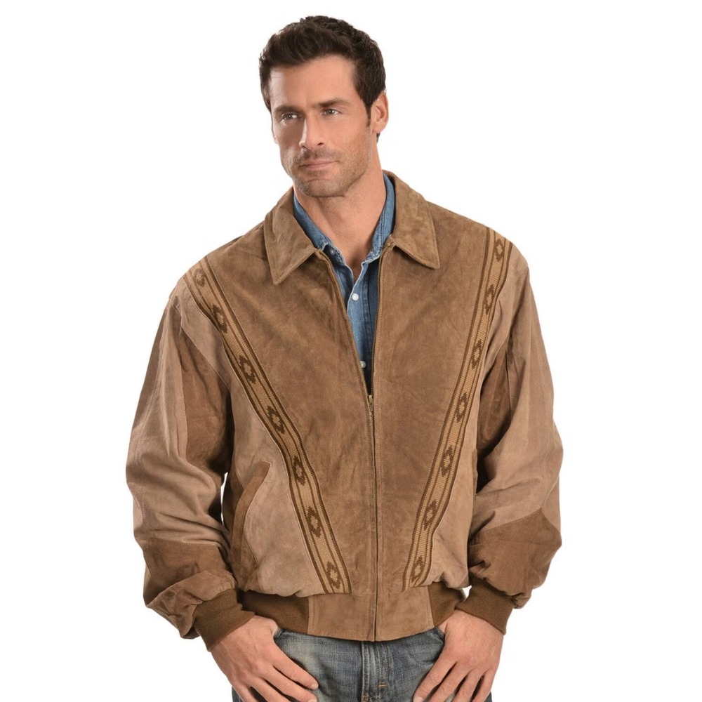 Scully Mens Suede Western Bomber Jacket Brown‎ Southwestern Patchwork XL